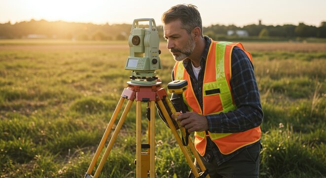 Surveyor or engineer adjusting a total station on a tripod for precise site measurements.Concept of land surveying and modern construction technology.