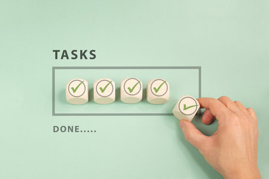 Tasks done, progress and development, complete mission, approve and agreement in business decision, analysis of checklist, tick marks loading bar