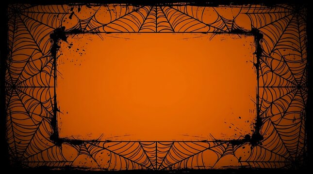 Halloween spider web frame. Spooky orange background with cobweb border for party design.