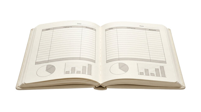 Ledger book displays printed financial charts and data tables on open pages against a white background.