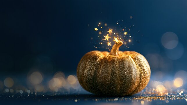 Minimalist composition of single golden pumpkin with crown of glowing stars, deep navy blue background set in mystical forest landscape