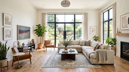 Fototapeta premium Modern living room with large windows and cozy seating area