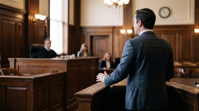 Male attorney standing in courtroom looking at judge and jury and giving a speech.
