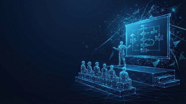 Digital presentation with futuristic audience and speaker in tech conference