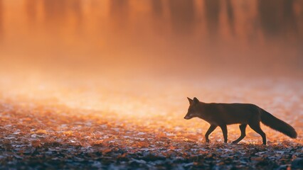 Fototapeta premium 秋の森を歩くキツネ 朝霧 夕景 野生動物 コピースペース