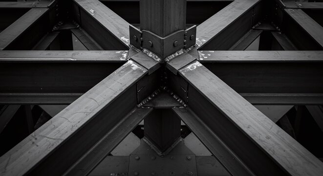 A complex joint of a steel structural framework, reinforced with both bolts and precision welds.Concept of structural engineering and metal construction.