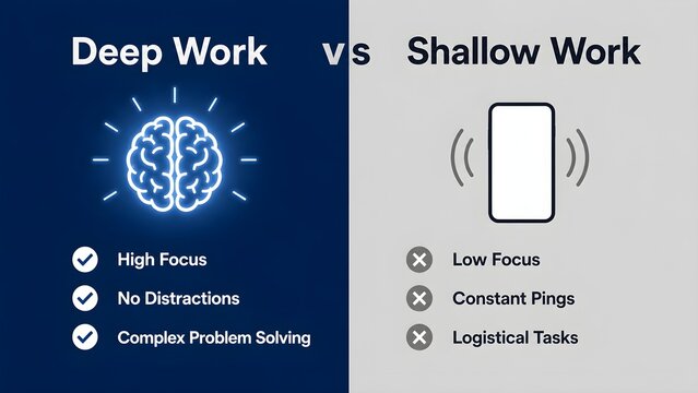 Deep Work vs Shallow Work Infographic, High Focus and Complex Problem Solving vs Smartphone Distractions
