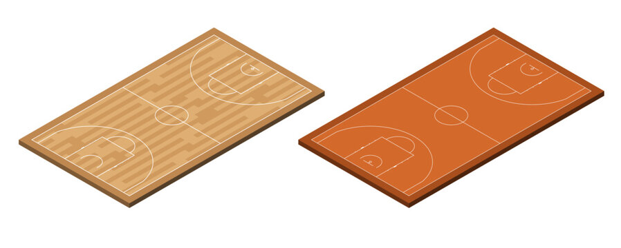 Basketball court set in isometric perspective view. Wooden parquet and solid color floor vector collection with detailed court markings for sports graphics, infographics, presentations and web design.