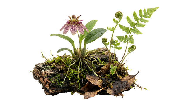 Miniature Orchid and Ferns Growing on Bark with Moss