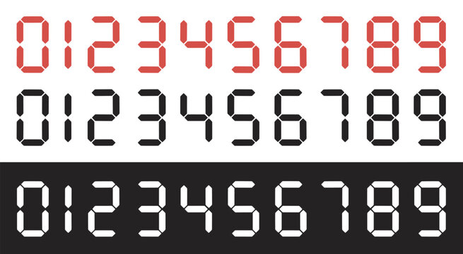 Set of digital seven-segment display numbers from zero to nine in red, black, and white colors on contrasting backgrounds