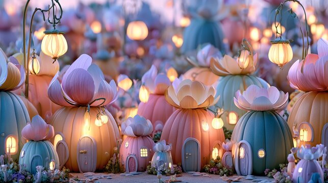 Fairy village composed of colorful pastel pumpkins, tiny doors windows, flower-petal roofs set in mystical forest landscape