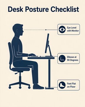 Desk Posture Checklist Infographic, Healthy Office Sitting Ergonomics and Workstation Setup Diagram
