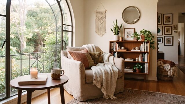 Cozy bohemian living room interior with a comfortable armchair, wooden bookshelf, large arched window, and warm sunlight.