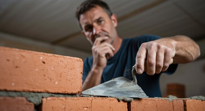 Bricklayer applying a layer of mortar to a brick wall with a trowel, using a line for alignment.Concept of traditional masonry and construction craftsmanship.
