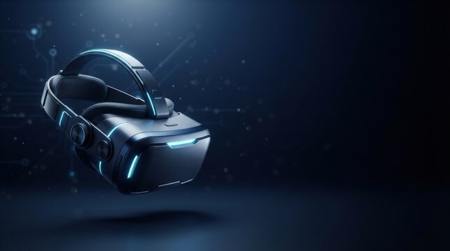 Floating virtual reality headset with headphones, dark gradient background, studio lighting, futuristic tech mood emphasizing innovation and immersion.