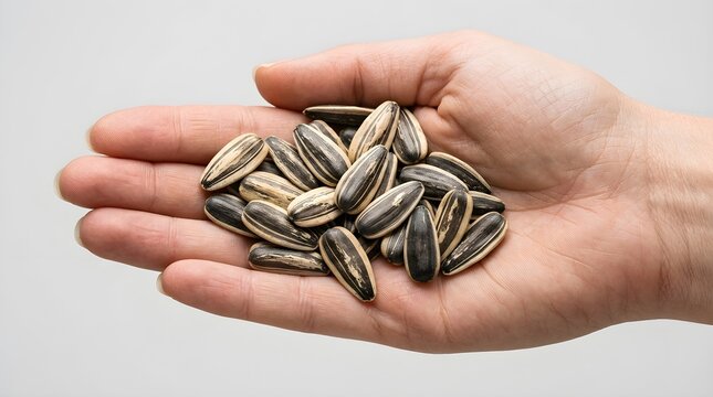 Hand holding raw sunflower seeds in shell on white background