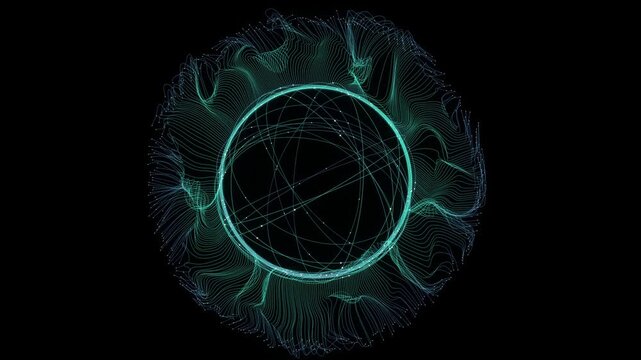 An intricate abstract visualization of digital data flow, showcasing glowing blue and green lines forming a spherical network with undulating waves. Represents global connections, information