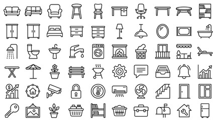 Fototapeta premium Editable Stroke Home Furniture Outline Icons Featuring Living Room, Bathroom, Balcony, Fireplace, Settings, Message, and Garden Vector Collection