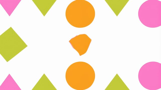 Colorful circles, squares, and triangles rotate, expand, and shift smoothly across a white background. Animated scene combines circles and squares with smooth motion.