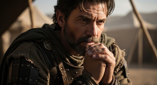Devoted tribal champion: Gideon figure, Israelite Judge, biblical leader, Old Testament, divine commission, fifth ruler, ancient era, desert camp, solemn gaze, deep thought.