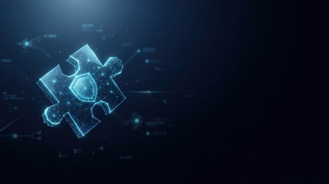 Digital puzzle piece with shield icon, glowing blue, set against futuristic circuit pattern. Studio lighting highlights high-contrast elements for tech-focused mood.
