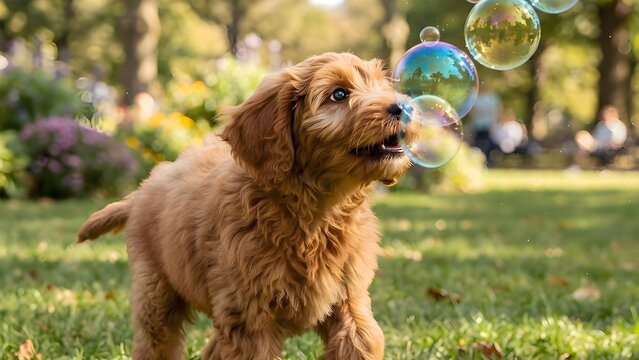 초록빛 잔디밭 위에서 비누방울을 향해 신나게 짖으며 뛰어노는 귀여운 강아지 풍경 Cute puppy barking and playing excitedly toward soap bubbles on a green lawn