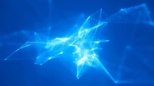 Glowing blue particles connected by shifting lines form an expanding mesh on a solid blue background. Flowing network lines and pulsing points create rhythmic digital movement.