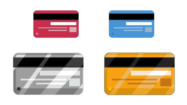 Cartoon style animation of various credit cards on a white background, money, drawing, 2D, art.