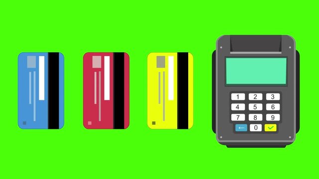 Cartoon style animation of a payment terminal and credit cards on a green background, money, drawing, 2D, art.