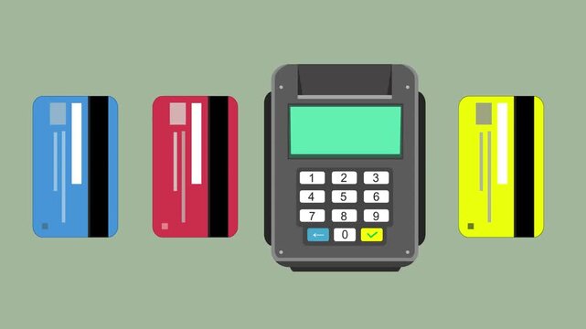 Cartoon style animation of a payment terminal and credit cards, money, drawing, 2D, art.