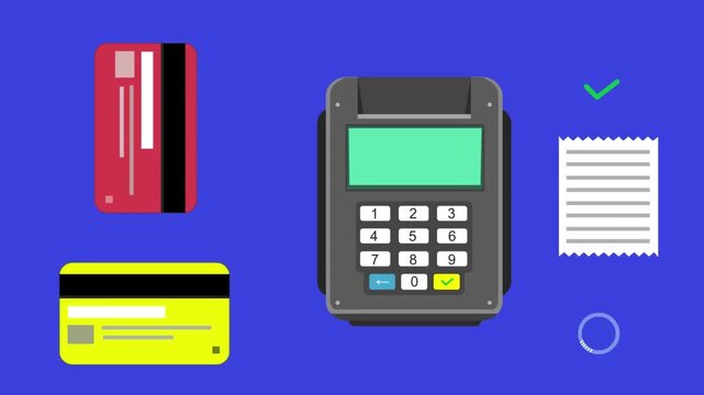 Cartoon style animation of a payment terminal, credit cards, receipt, loading indicator, and accept buttons on a blue background, money, drawing, 2D, art.