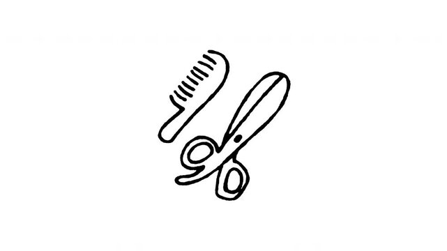 Hand drawn 4K comb and scissors doodle animation with boiling line motion. Frame by frame outline on black and green screen backgrounds, perfect for hair salon, barber shop, and styling video.