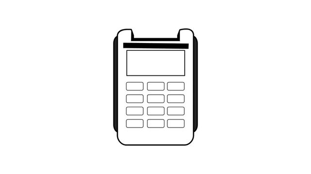 Cartoon style animation of a payment terminal, loading indicator, and accept and decline buttons in black and white, background, money, drawing, 2D, art.