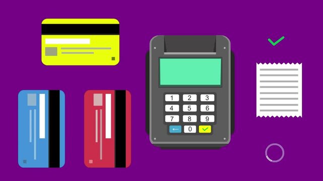 Cartoon style animation of a payment terminal, credit cards, receipt, loading indicator, and accept buttons on a red background, money, drawing, 2D, art.