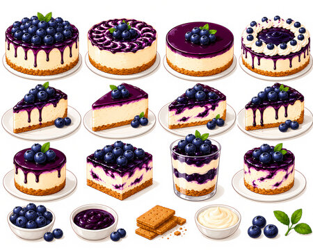 Premium blueberry cheesecake collection featuring whole cheesecakes, slices, layered desserts, parfait cups, blueberry toppings, and bakery elements isolated on a clean white background. Ideal for res