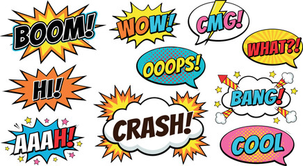 Retro Comic Book Sound Effect Vector Icon Set with Colorful Speech Bubbles Clouds and Halftone Pop Art Explosions for Creative Graphic Designs © SM