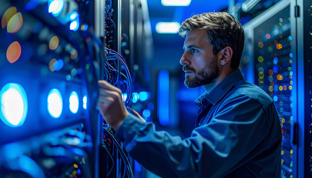 IT-Techniker pr&uuml;ft Serverkabel im Rechenzentrum