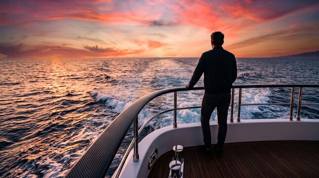 Man stands on luxury yacht deck gazing at beautiful ocean sunset with vibrant sky colors.