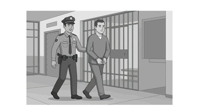 Modern of a Police Officer Escorting a Handcuffed Man Out of a Jail Cell in a Grayscale Setting