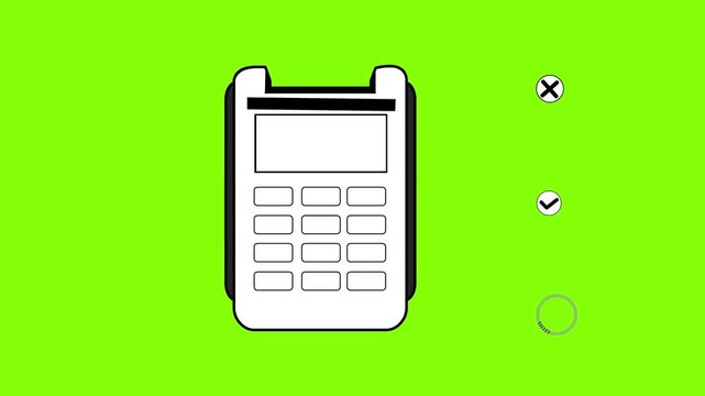 Cartoon style animation of a payment terminal, loading indicator, and accept and decline buttons in black and white, green background, money, drawing, 2D, art.