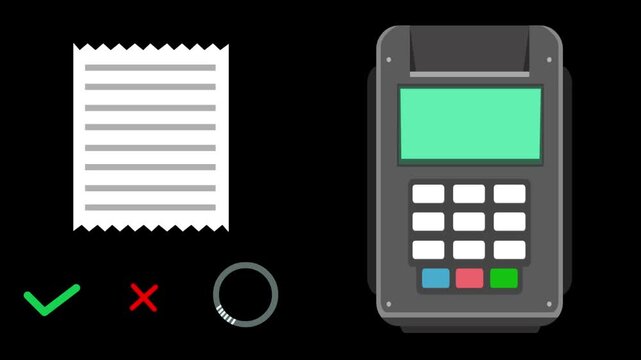 Cartoon style animation of a payment terminal, receipt, loading indicator and acceptdecline buttons on a black background, money, drawing, 2D, art.