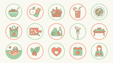 Fototapeta premium Healthy food and lifestyle circle icon set.