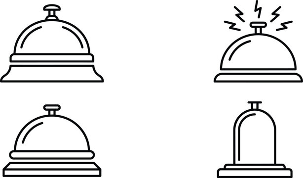 Hotel service bell line icon set featuring receptionist counter desk bells ringing alerts and concierge call symbols vector