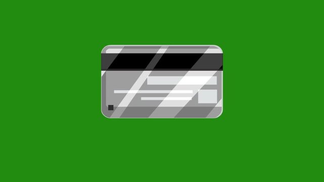 Cartoon style animation of a silver credit card on a green background, money, drawing, 2D, art.