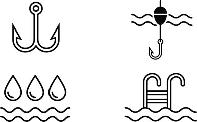 Fishing hook anchor float bobber underwater and swimming pool ladder with water drops line icon set vector © MOMINA