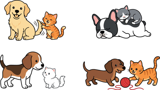Cute Puppy and Kitten Best Friends Cartoon Vector Set with Playful Dogs and Cats for Pet Care, Veterinary, and Friendship Designs