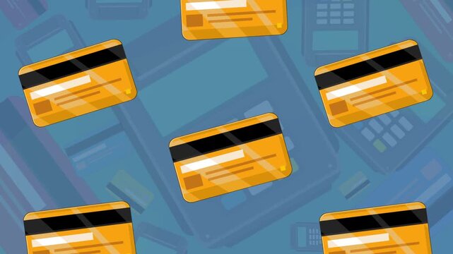 Cartoon style animation of several gold credit cards falling, background, money, drawing, 2D, art.
