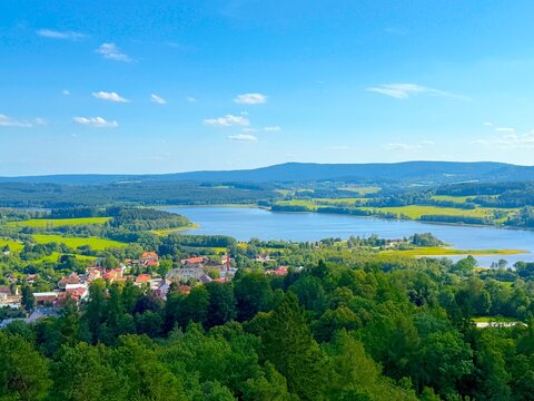 View of Lake Lipno from the observation tower in Horni Plana Czech Republic.