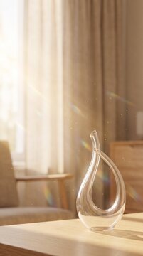 Modern ambient clarity wallpaper: minimalist transparent paperweight casting gentle light caustics on a sunlit wooden desk.