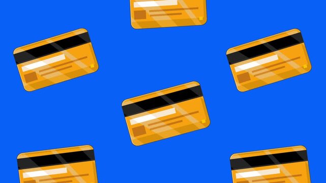 Cartoon style animation of several gold credit cards falling, blue background, money, drawing, 2D, art.